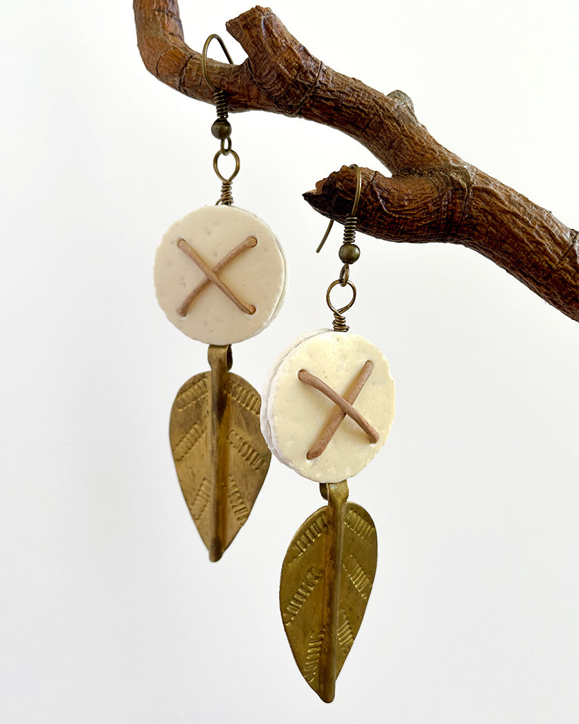 OSTRICH EGG & VINTAGE TURKANA SPEAR EARRINGS BEIGE