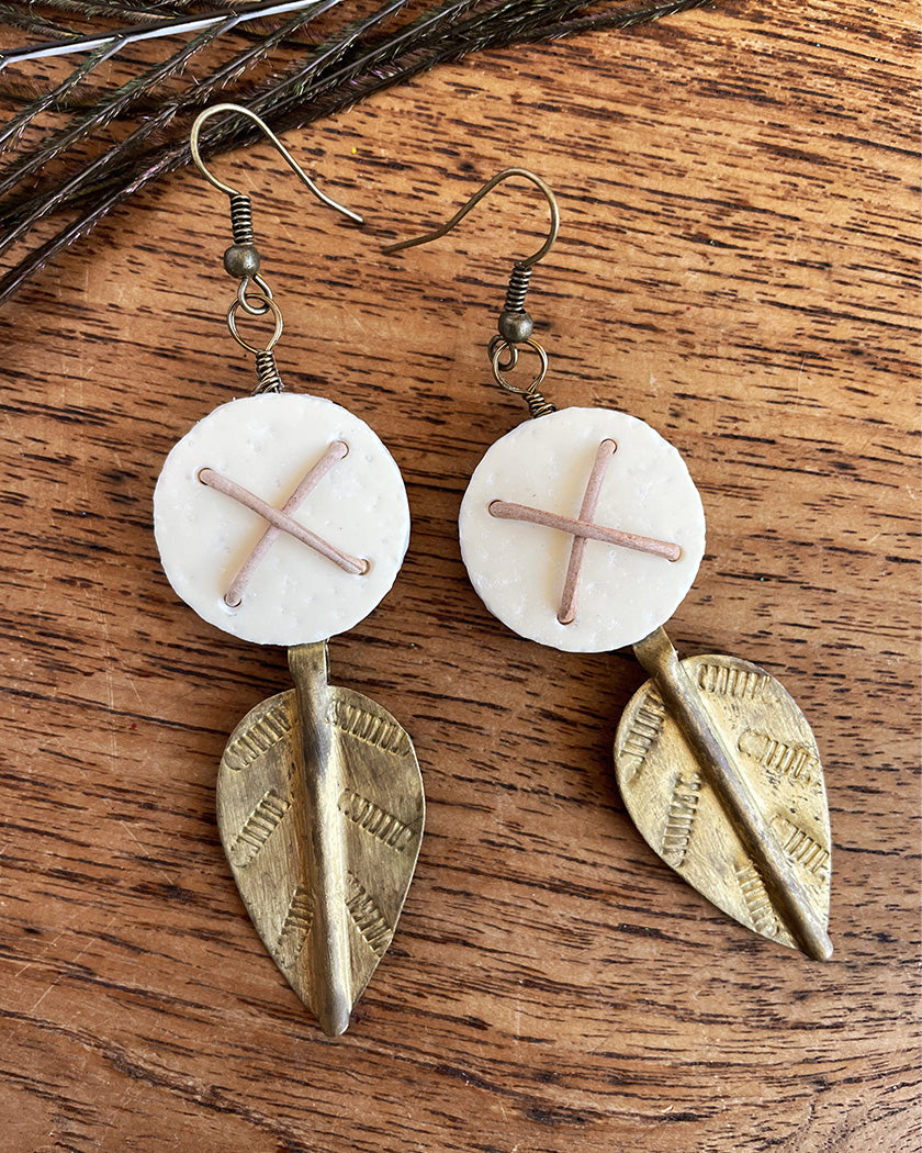 OSTRICH EGG & VINTAGE TURKANA SPEAR EARRINGS BEIGE