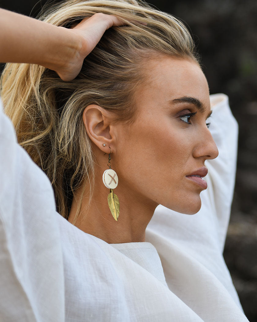 OSTRICH EGG & VINTAGE TURKANA SPEAR EARRINGS BEIGE